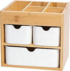 Bamboo Makeup Organizer with Mortise-and-Tenon Structure, 3 Bamboo-Fiber Drawers, Adjustable Dividers, Multi-Functional Cosmetic Storage Box for Bathroom Counter & Dresser