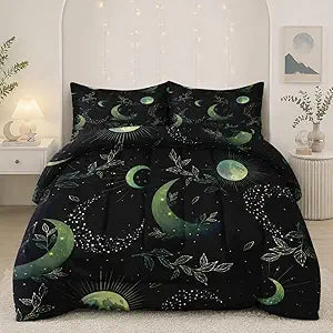 Pamnest Comforter Set Queen Size, Boho Space Green Retro Soft 3 Pcs Bedding for Kids and Adults, Herbs Witch Floral Comforter Set with Pillowcase, for Bedroom Bed Decor