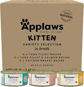 Applaws Kitten Wet Cat Food Tuna, Salmon & Chicken Variety in Broth 16-Pack, High Protein, Limited Ingredient, Grain Free, Canned Kitten Food, No Fillers or Additives (16 x 2.47 oz Cans)