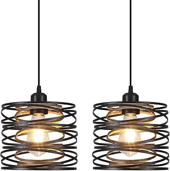 Pendant Lights Kitchen Island - Metal Hanging Light Fixtures Wood Farmhouse Pendant Lighting for Dining Room Bedroom Bar Office, Industrial Black, 2 Pack - ETL Certified