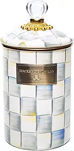 MACKENZIE-CHILDS Enamel Canister, Versatile Kitchen Storage Container for Flour and Sugar, Large, 64-Ounce Capacity, Gray-and-White Sterling Check