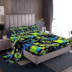 Skateboard Bed Sheet Twin Size,Neon Blue Yellow Graffiti Bedding Sets 3Pcs for Kids Girls Boys Teens Room Decor,Cartoon Skateboard Fitted Sheets Cool Hippie Style Top Flat Sheet,1 Pillowcase