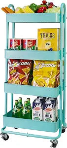 elabo 4-Tier Metal Mesh Utility Rolling Cart, Storage Organizer Trolley Services Cart with Lockable Wheels for Kitchen, Bathroom, Living Room (Blue)