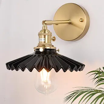 Shenmoyl Vintage Wall Sconce with Black Pleated Ceramic Lampshade 180 Degree Adjustable Brass Sconces Wall Lighting Fixture with Switch for Bedside Bedroom Doorway