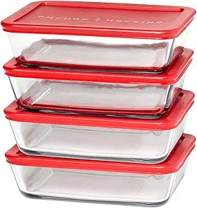 Anchor Hocking SnugFitTM Rectangular Food Storage Containers with Lids (4-Piece, 6-cup, Red, oven-safe)