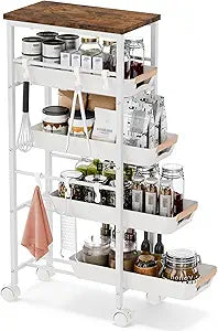 5-Tier Slim Storage Cart with Pull-Out Baskets, Utility Small Rolling Carts with Wooden Top & Hooks, Kitchen Cart Organizers for Storage in Narrow Spaces of Bathroom, Laundry & Bedside, White
