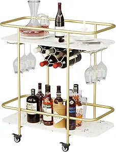 BENOSS Gold Bar Cart on Wheels, Home Bar Serving Carts, Modern Marbled Pattern Wine Cart with Glass Holder Wine Rack, Coffee Tea Drink Trolley, Beverage Bar Cart for the Home Kitchen Living Room Party