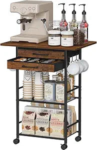 Snughome 5 Tier Rolling Coffee Cart with 2 Large Drawers & Removable Dividers, Extra-Wide Coffee Bar Cart with Storage, Farmhouse Coffee Station Cabinet for Living Room, Kitchen, Office