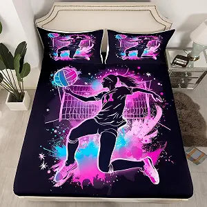Erosebridal Volleyball Bed Sheets Volleyball Player Bedding Sets Full Size Sports Bedding Sets for Boys Girls Sports Game Fitted Sheet Birthday Gift Bed Set Purple Tie Dye Print Bedding