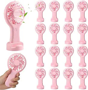 16 Pack Mini Handheld Fan Bulk, USB Rechargeable Personal Fan with Desk Stand, 3 Speed Battery Operated Pocket Cooling Fan, Small Portable Fan with Charging Cable for Wedding Travel Camping (Pink)