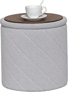 B FSOBEIIALEO Ottoman with Stroage, Boucle Round Storage Ottoman with Tray,Foot Rest Stool for Dorm Room, Living Room Grey, 16.93"x16.93"x17.72"