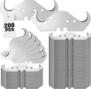 200 Pcs Utility Hook Blades SK5 Carbon Steel Hook Razor Knife Blades with 2 Notches 4 Holes for Roofing and Carpet