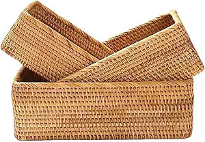 Rattan Storage Baskets, Wicker Baskets for Organizing, Hand Woven Fruit Basket, Decorative Baskets for Kitchen Counter, Living Room, Bathroom, Set of 3