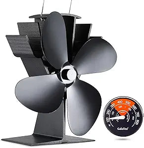 4-Blades Heat Powered Wood Stove Fan + Magnetic Thermometer, 122┬░F Start Non Electric Eco Fireplace Fan for Gas/Pellet/Log/Wood Burning Stoves, Silent Operation, 2-Years, N429, Black