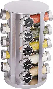 New England Stories Revolving Spice Rack Set with 20 Spice Jars, Kitchen Spice Tower Organizer for Countertop or Cabinet - Carousel Storage Includes 386 Spice Labels (Silver)