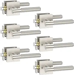 Asidrama 6 Pack Privacy Brushed Satin Nickel Door Handles, Door Lever with Door Knobs Indoor for Bedroom or Bathroom, Brushed Satin Nickel Door Handles Interior with Locks for Left Right Sided Doors