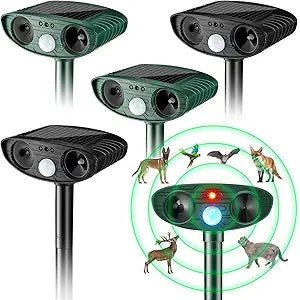 Ultrasonic Animal Repellent Outdoor Solar Powered Repeller Cat Dog Squirrels Deer Deterrent Waterproof Motion Sensor Deterrent for Yard Garden Rabbit Fox Pest (Black, Green,4 Pieces)