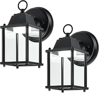 LIT-PaTH Outdoor LED Wall Lantern, Wall Sconce as Porch Lighting Fixture, 5000K Daylight White, 9.5W 800 Lumen, Aluminum Housing Plus Glass, Black Finish, 2-Pack