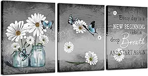 Biuteawal 3 Piece Daisy Wall Art Flower and Butterfly Painting Inspirational Quotes Canvas Print Picture Floral Artwork Framed for Home Kitchen Bedroom Bathroom Decor Grey Blue