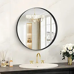 Black Round Mirror 18 inch Deep Frame Circle Mirror, Metal Framed Bathroom Mirror, Round Vanity Mirror, Circle Mirrors for Wall Entryway Bedroom Living Room Hallway