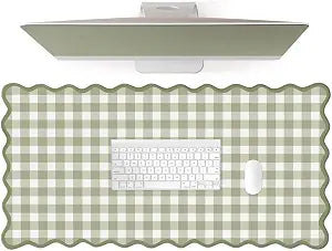 Scalloped Green Checkered Desk Mat Cute Pastel Large Gaming Mouse Pad Gingham Kawaii Cottagecore Vintage Girly Keyboard Computer Mat Aesthetic Desk Pad Accessories Office Decor for Women
