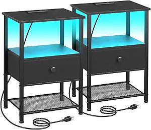 LOAKEKEL Night Stand Set 2, LED Nightstand with Charging Station, End Tables Living Room with Fabric Drawer, Small Bed Side Tables for Bedroom, Small Space, Black, HETS01BK
