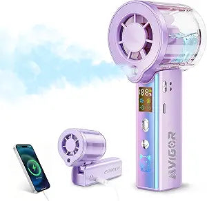 Portable Handheld Fan with Cooling Mist, 30000 RPM High Speed Turbo Personal Fan with Adjustable Speeds, Rechargeable Mini Misting Fan with LED Display for Travel Outdoor Makeup, Purple