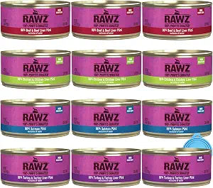 Rawz Natural Premium Canned Cat Wet Food Pate-12 Pack Variety - 4 Flavors - (Turkey, Chicken & Liver, Salmon & Beef) (5.5oz Cans,) Lid