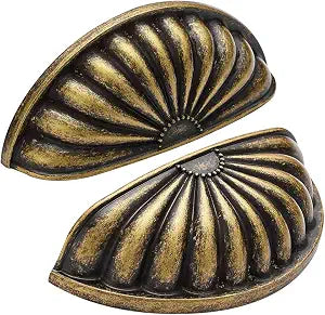 HARPOON 2 Pack Bin Cup Drawer Handles, Vintage Kitchen Pulls Cabinet Hardware, 3 inch Hole Center, Antique Brass