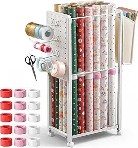 Wrapping Paper Storage Organizer Cart with Lockable Wheels and 15pcs Slap Bands, Rolling Gift Wrapping Paper Cart Station with Fabric Drawer and Ribbon Holder for Blueprint, DIY Craft Supplies