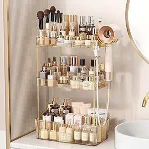 Bathroom Counter Organizer for Vanity, Makeup Organizer Countertop with Holder, Large Capacity Storage Rack, Perfect Large Skincare, Hair Care, Perfume, Easy to Install (Gold, 3Tiers)