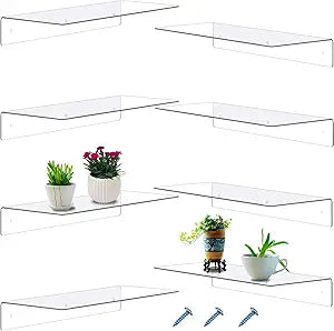 Blulu 8 Pcs Acrylic Floating Shelf, 14 x 5 x 2 Inches Invisible Shelf Wall Mounted for Book Plants Picture Makeup Record Display Living Room, Bathroom, Bedroom, Kitchen, Office(Clear)