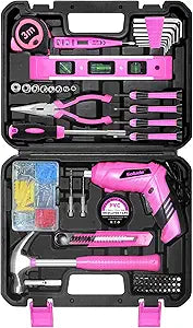 Pink Tool Set,130 Piece Home Tool Kit for Women with 3.6V Cordless Rechargeable Screwdriver,Basic Household Tool Kit Set for New Home,Apartment,College Dorm & DIY Projects