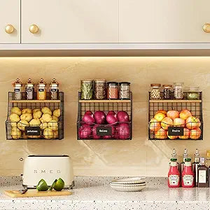 3 Pack wire Fruit Basket for Kitchen with Wood Lid - Counter&Wall Mounted Onion and Potato Storage with Nameplate, Hanging Baskets for Vegetable,11.81 * 10.63 * 8.66 Inch
