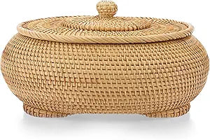 Hipiwe Round Rattan Boxes with Lid, X-Large Woven Bread Basket Natural Rattan Basket Wicker Storage Box Decorative Basket for Coffee Table Farmhouse Picnic Fruit Storage Basket