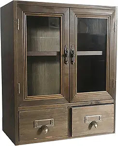 Rosetta Mini Countertop Country Vintage Locker, Wall-Mounted Wood Display with Organic Glass Door, Food Storage, 2 Bottom Drawers-Pharmacist Cabinet-Display Cabinet (Burnt Wood Color)