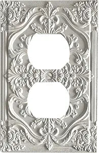 Farmhouse Soft Oatmeal Gray Decorative Outlet Cover Rustic Warm Gray 3D Floral Embossment 1 Gang Duplex Light Switch Cover Plate Unique Wall Plate Electrical Switch Plate Covers