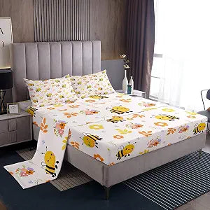 Feelyou Cute Bee Sheets Full Size Honeybee Kids Bed Sheets for Boys Girls Teens Kawaii Bugs and Flowers Bed Sheet Set Cartoon Wild Animal Farmhouse Bedding Fitted Sheet Bedroom Decor Flat Sheets 4Pcs