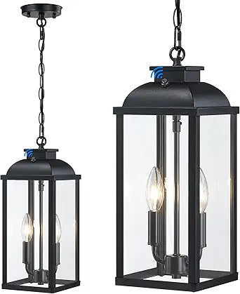 Large Outdoor Pendant Light 2-Light, 15.8" Dusk to Dawn Exterior Hanging Lights Fixture with Clear Glass, Modern Black Outdoor Chandelier for Gazebo Porch Patio Front Door