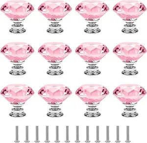 12 Pack 30mm Pink Crystal Drawer Knobs, Diamond Cabinet Knobs