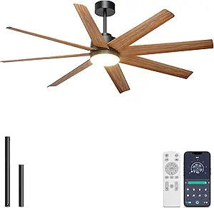Ohniyou 60'' Ceiling Fan with Light - 8 Blades Modern Farmhouse Ceiling Fan Remote/APP Control, Dimmable, Covered Outdoor Fan for Patio, Living Room, Black+Wood Color