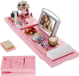 Foldable Bathtub Caddy Tray, Bamboo Bath Tub Tray Table for Tub with Wine Glass Holder Book Phone Tablet Holder with Extending Sides, Adjustable Bathroom Bathtub Free Soap Holder Gift Idea (Pink)