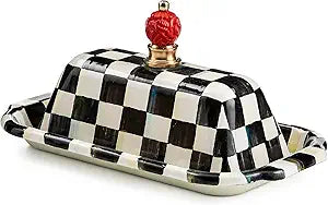 MACKENZIE-CHILDS Enamel Butter Box, Cute Lidded Butter Dish, Black-and-White Courtly Check