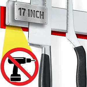 17" Strong Adhesive (No Drill) Magnetic Knife Holder for Wall - Professional Knife Strip - No Screws Needed - Adhesive Backing - Stainless Steel Knife Bar (Upgraded Version  Will Not Fall)