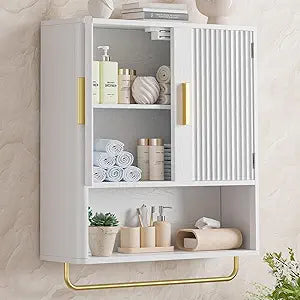 Memobarco Bathroom Wall Cabinet, Medicine Cabinet with Fluted Door & Adjustable Shelf, Over the Toilet Storage Cabinet with Towel Bar, Cabinet Wall Mount for Laundry Room & Kitchen, White