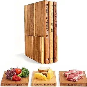 3-Piece Book-Shaped Cutting Board Set - Food Safe, Non-Slip Chopping Boards for Kitchen Organization and Stylish Serving,Acacia Wood