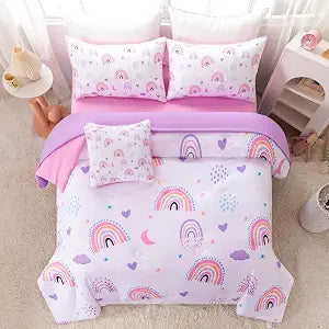 Pink Purple Rainbow Comforter Set Twin Size, 6 Pieces Moon Heart Print Kids Bedding Sets with Sheets, Soft Lightweight Bed in A Bag for Teen Girl Bedroom (Rainbow, Twin)