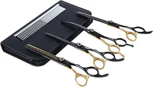 7 Inch Professional Dog Grooming Scissors Kit, 6 in 1 Grooming Scissors for Dogs, Pet Grooming Shears Set, Straight Scissor & Thinning Shear & Curved Scissor & Chunker Shear (Black Gold)