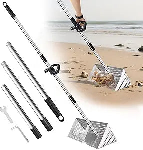 Sand Flea Rake - Heavy Duty Stainless Steel Sand Scoop Detachable 47" Long Handle Sand Sifter for The Beach with 16" Width Basket Metal Detecting Tool for Collecting Shark Teeth