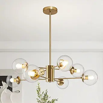 Bagood 8-Light Globe Sputnik Chandelier Modern Gold Sputnik Chandelier Mid Century Globe Pendant Light Brushed Brass Finished with Clear Glass Lampshade Chandeliers for Kitchen Bedroom